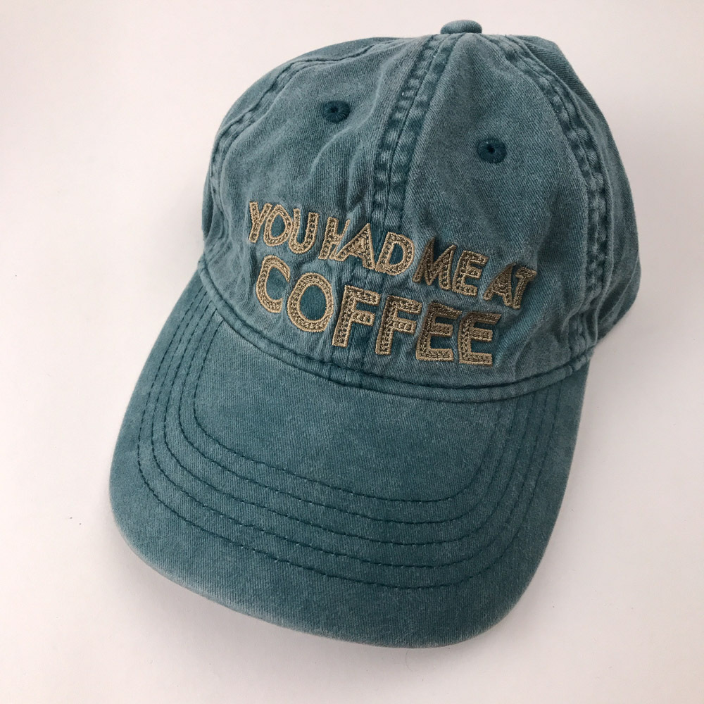 You Had Me At Coffee green washed cotton dad cap leather buckle back